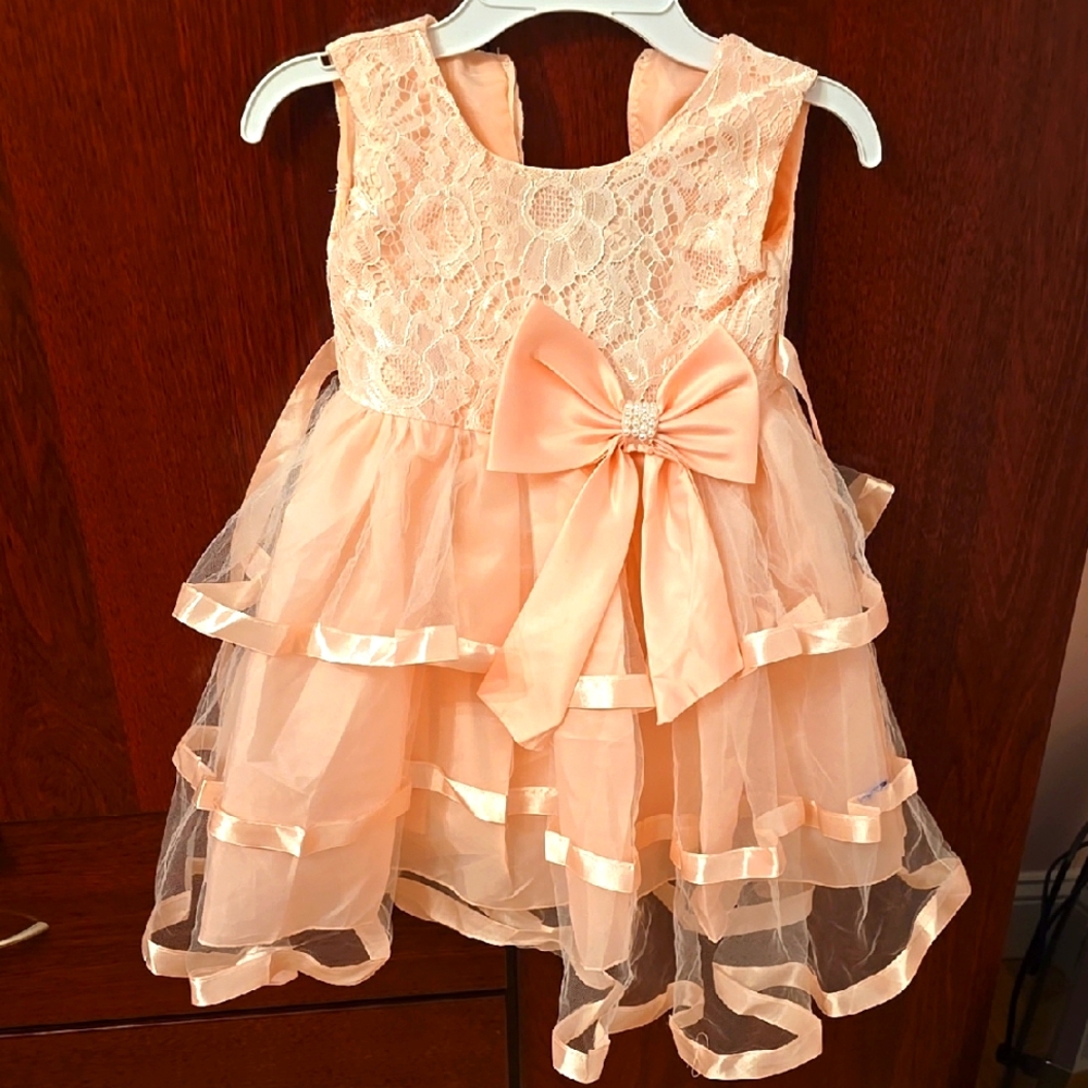 Elegant Peach Lace Dress with Bow